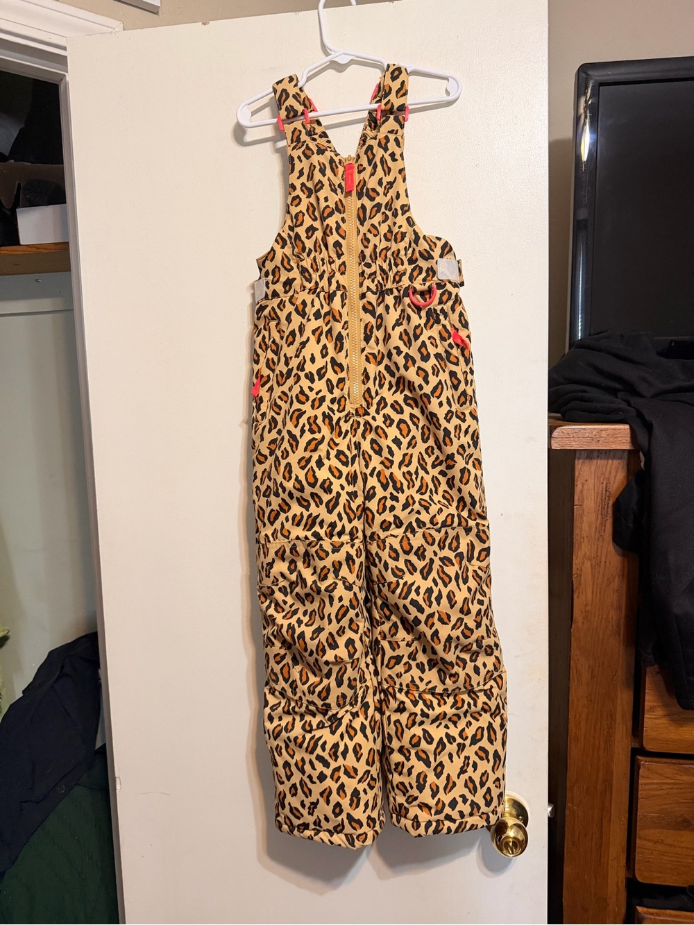 Amazon Essentials Leopard Print Snow Overalls in Tan and Black with Pink Accents